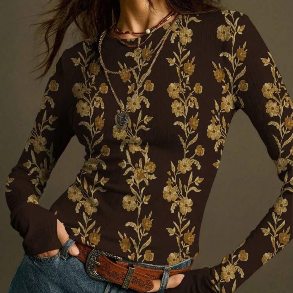 Boho Brown Floral Print Crew Neck Long Sleeve Thumbhole Top XS S M L